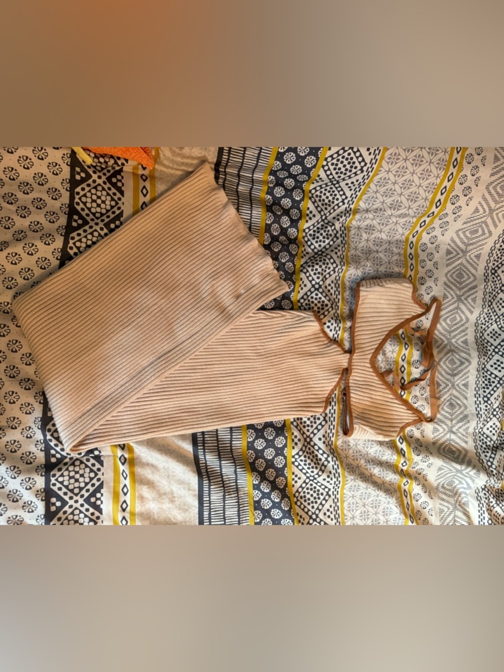 Lost + Wander Ribbed Knit Two-Piece Set in Beige with Brown Trim